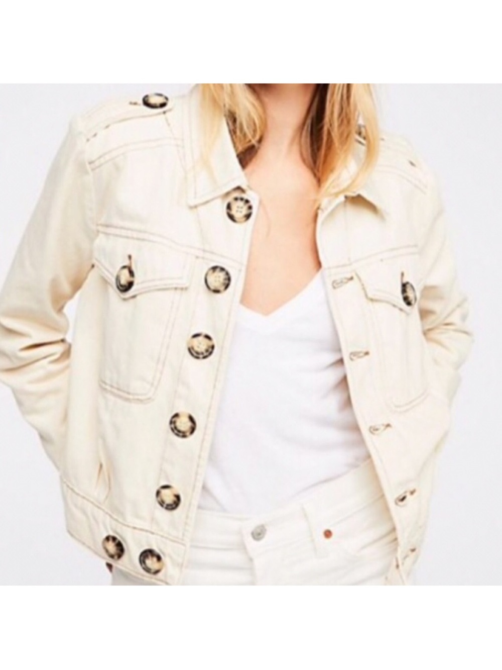 Free People Eisenhower Cream 100% Cotton Button-Front Denim Jean Pockets Jacket